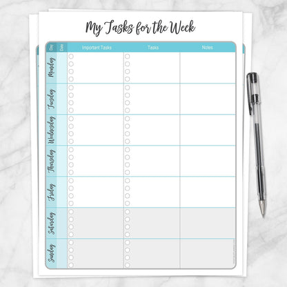 The printable Turquoise Weekly Task Planner with Priorities, Checklists & Notes page shown on a marble surface with a pen.