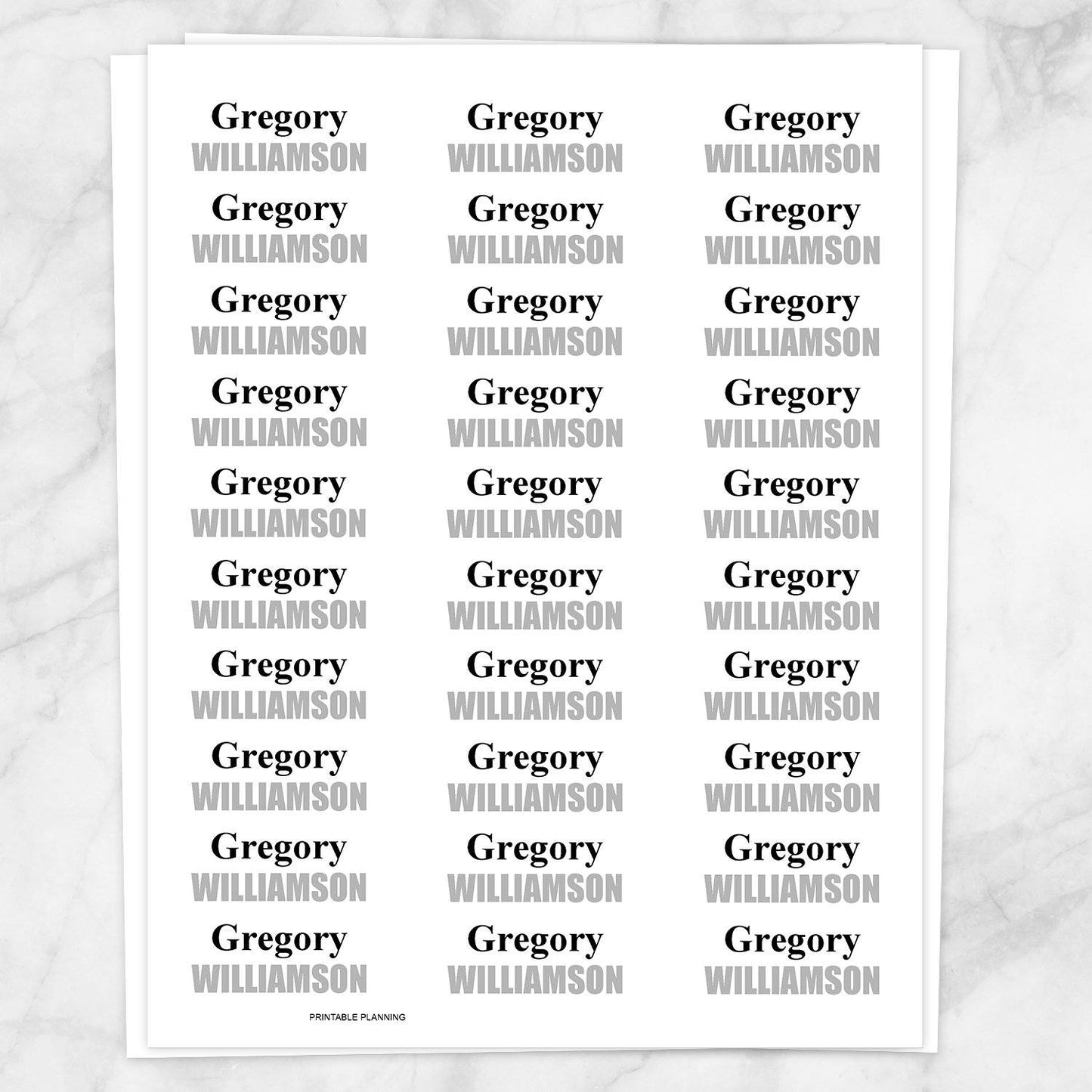 Printable Name Labels Black and Gray for School Supplies at Printable Planning. Sheet of 30 labels.