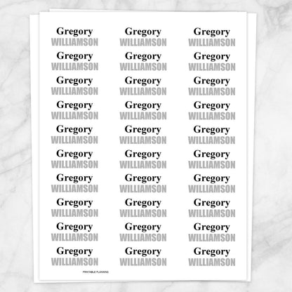 Printable Name Labels Black and Gray for School Supplies at Printable Planning. Sheet of 30 labels.