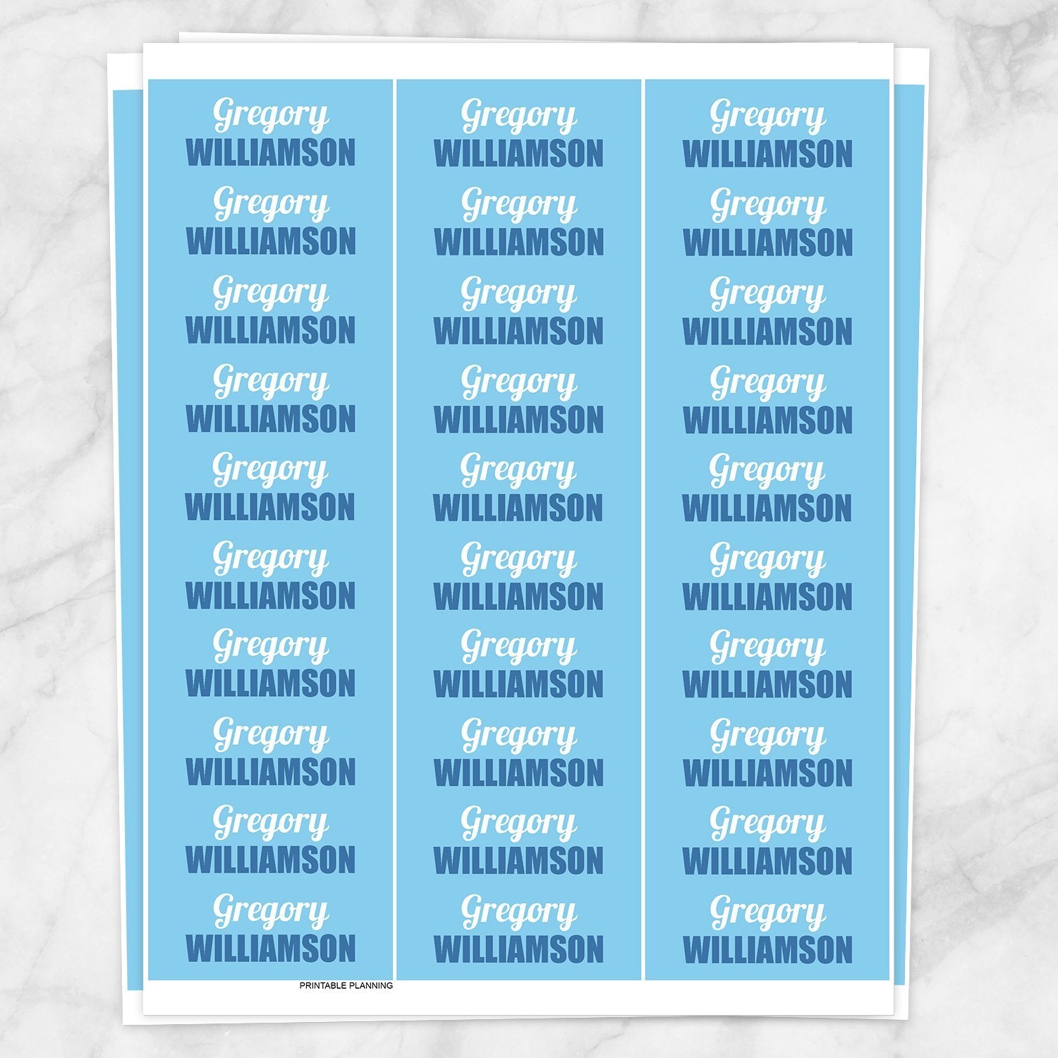 Printable Blue Name Labels for School Supplies at Printable Planning. Sheet of 30 labels.