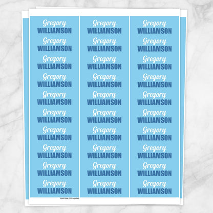 Printable Blue Name Labels for School Supplies at Printable Planning. Sheet of 30 labels.