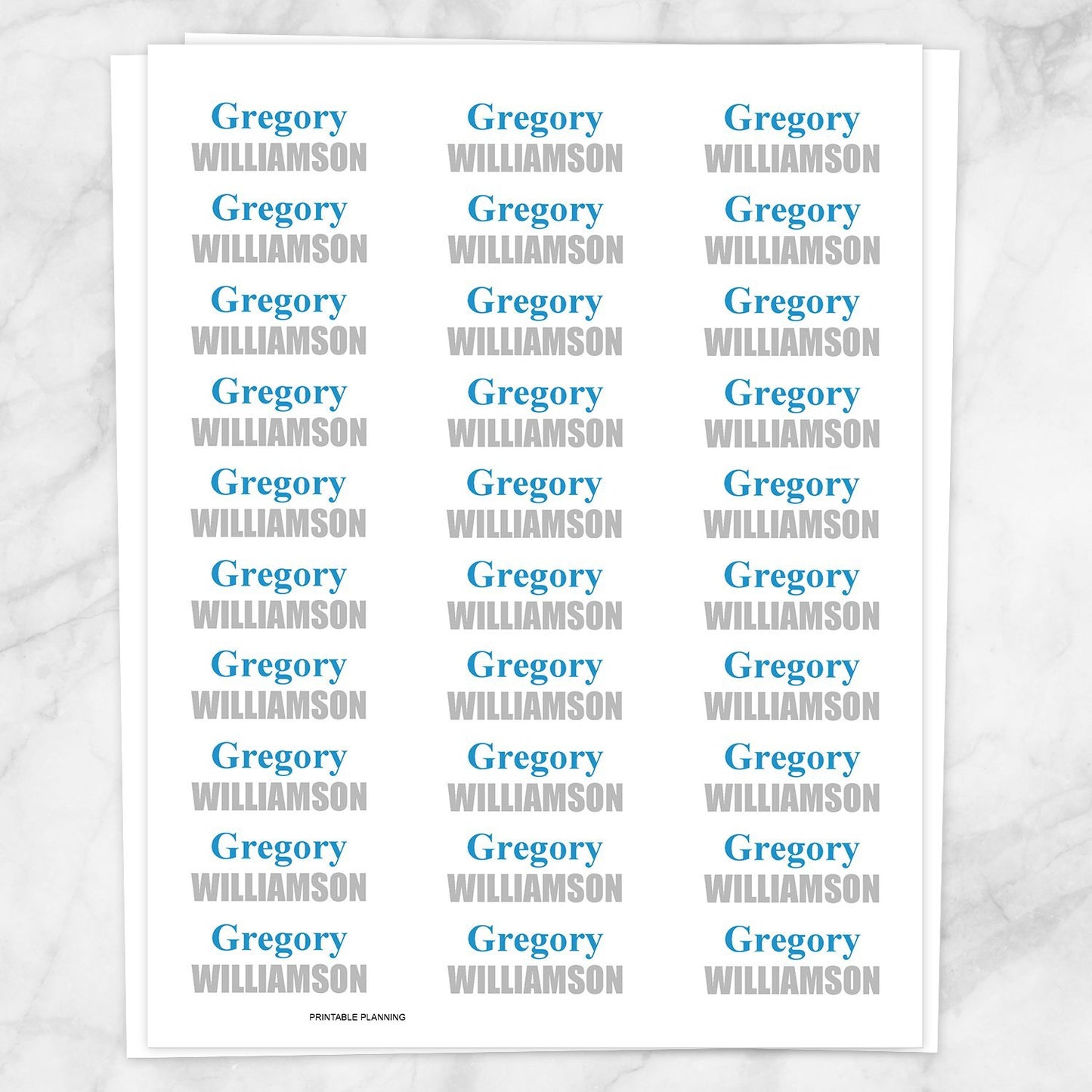 Printable Name Labels in blue and gray for School Supplies on White at Printable Planning