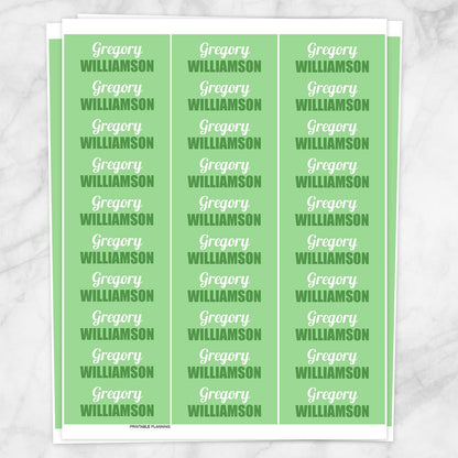 Printable Green Name Labels for School Supplies at Printable Planning. Sheet of 30 labels.
