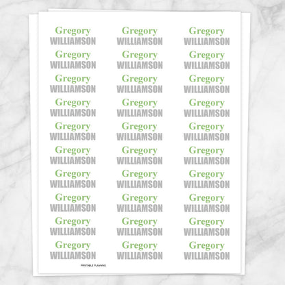 Printable Name Labels Green and Gray for School Supplies at Printable Planning. Sheet of 30 labels.
