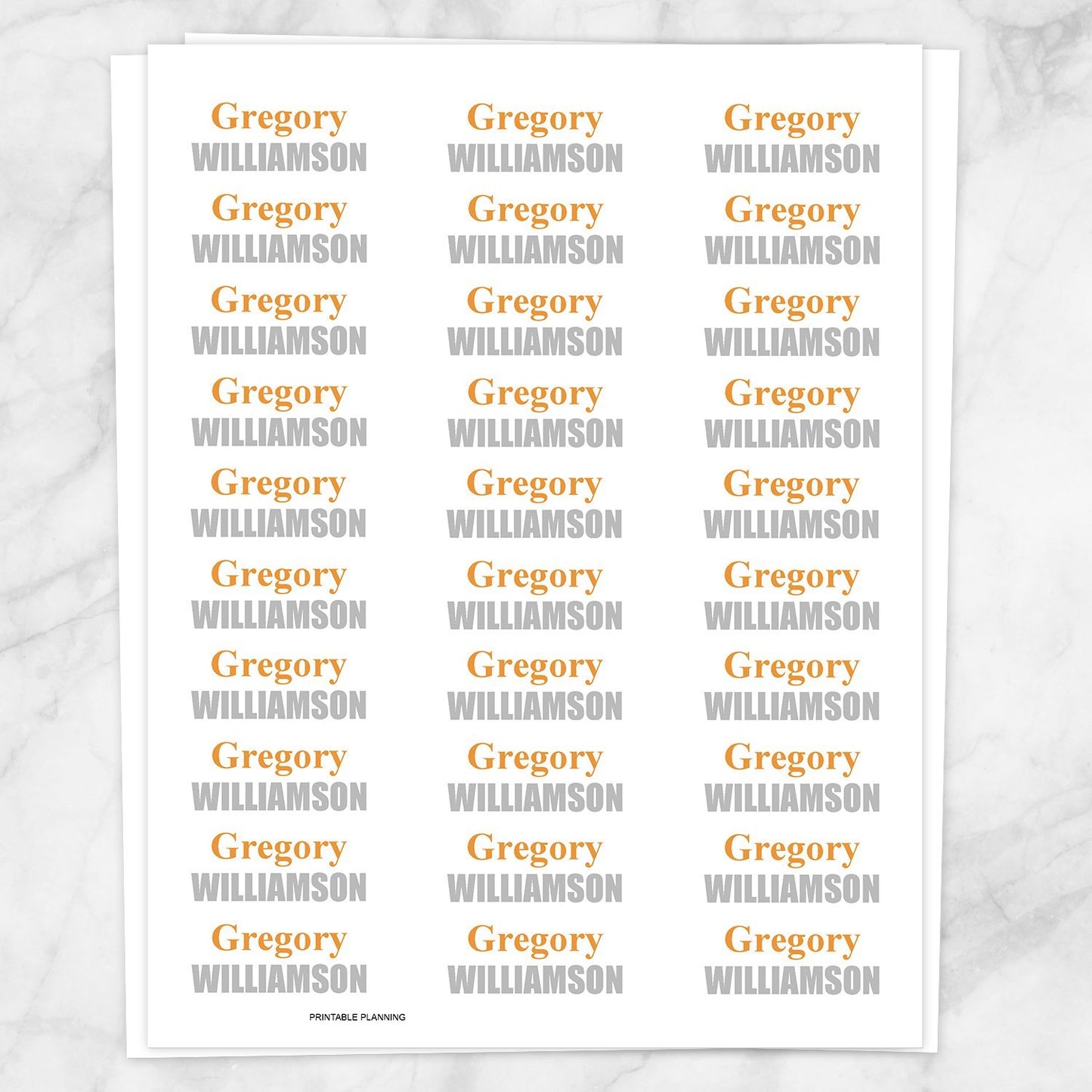 Printable Name Labels Orange and Gray for School Supplies at Printable Planning. Sheet of 30 labels.