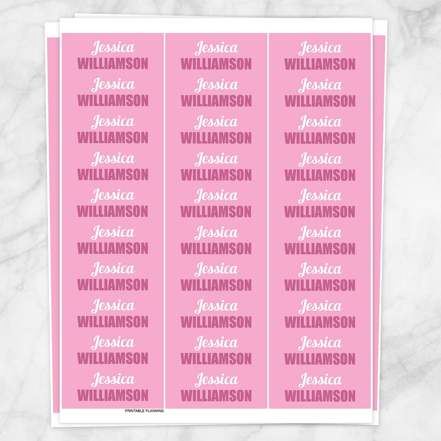 Printable Pink Name Labels for School Supplies at Printable Planning. Sheet of 30 labels.