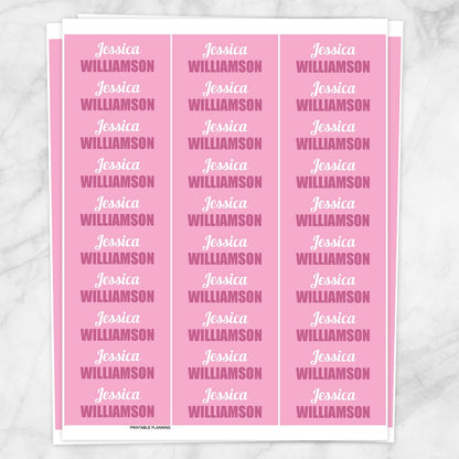 Printable Pink Name Labels for School Supplies at Printable Planning. Sheet of 30 labels.