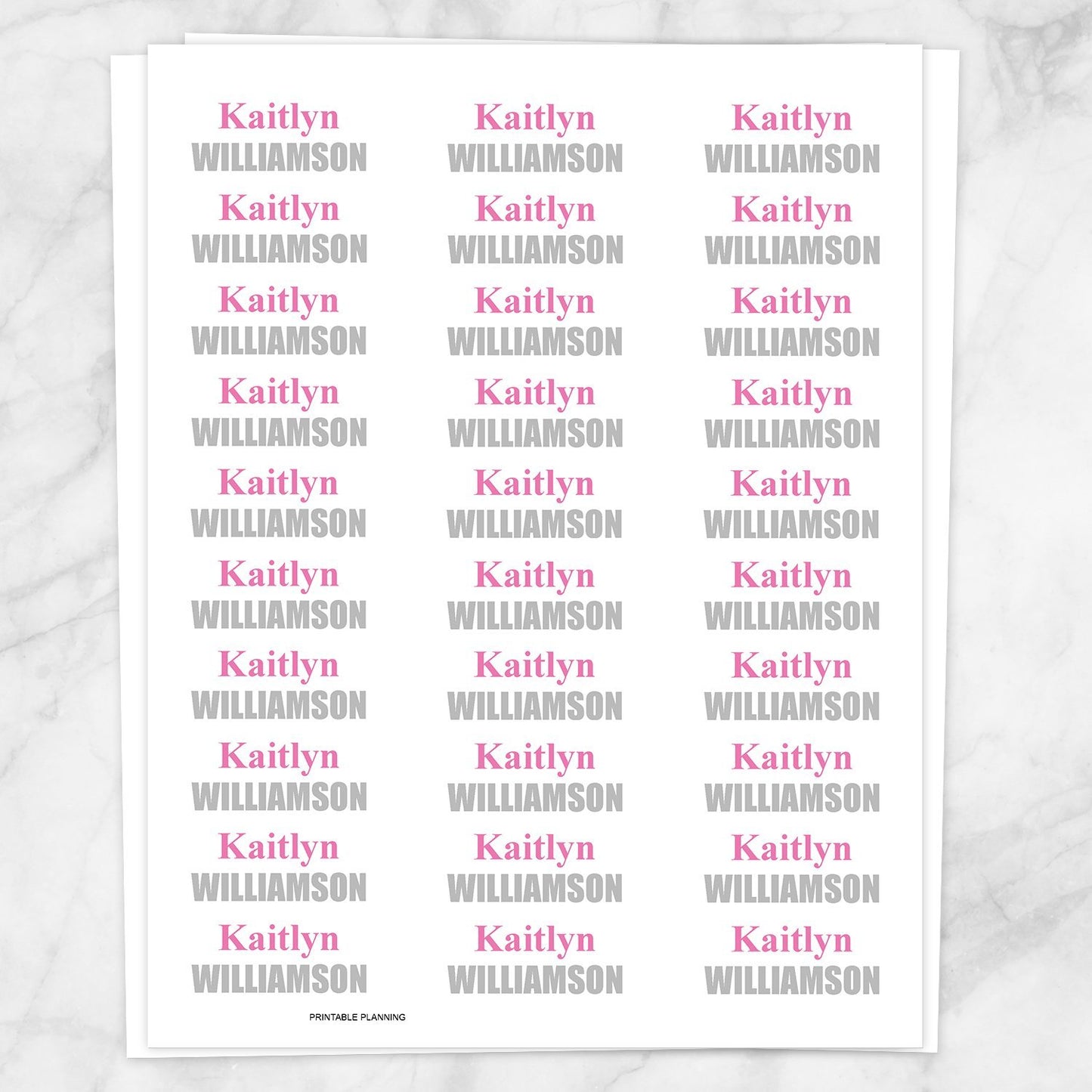 Printable Name Labels in pink and gray for School Supplies on White at Printable Planning