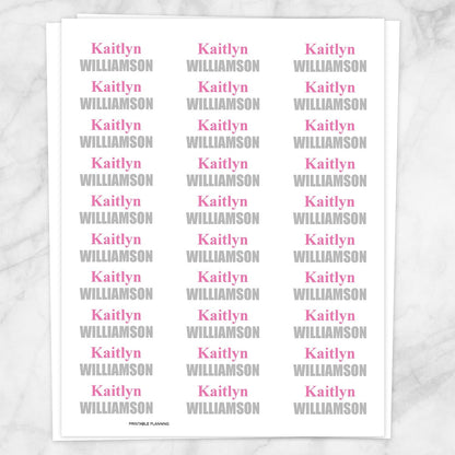 Printable Name Labels in pink and gray for School Supplies on White at Printable Planning