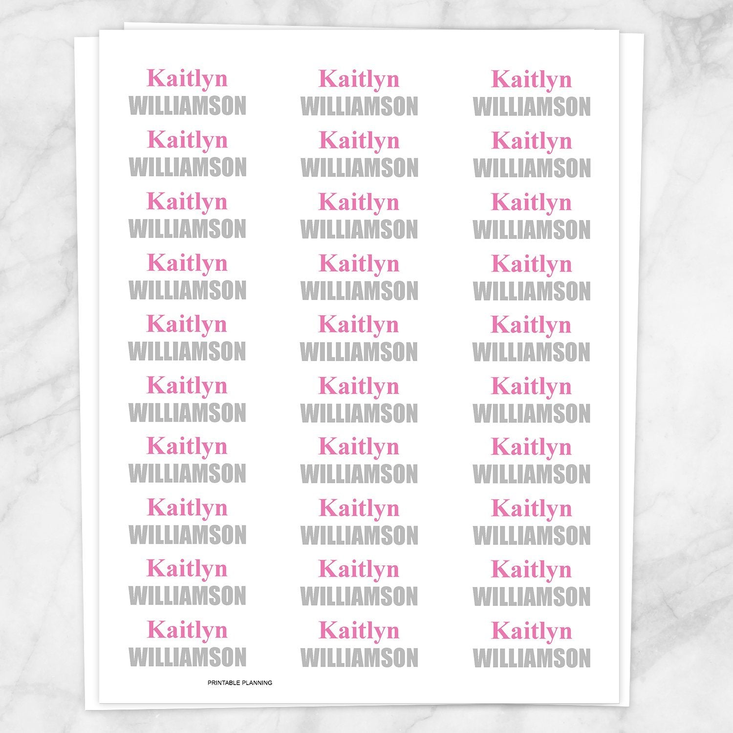 Printable Name Labels Pink and Gray for School Supplies at Printable Planning. 30 per page.