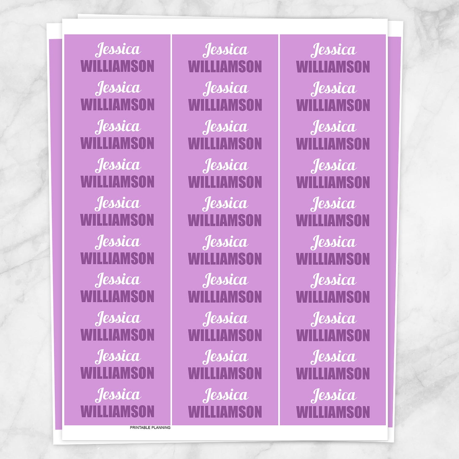 Printable Purple Name Labels for School Supplies at Printable Planning. Sheet of 30 labels.