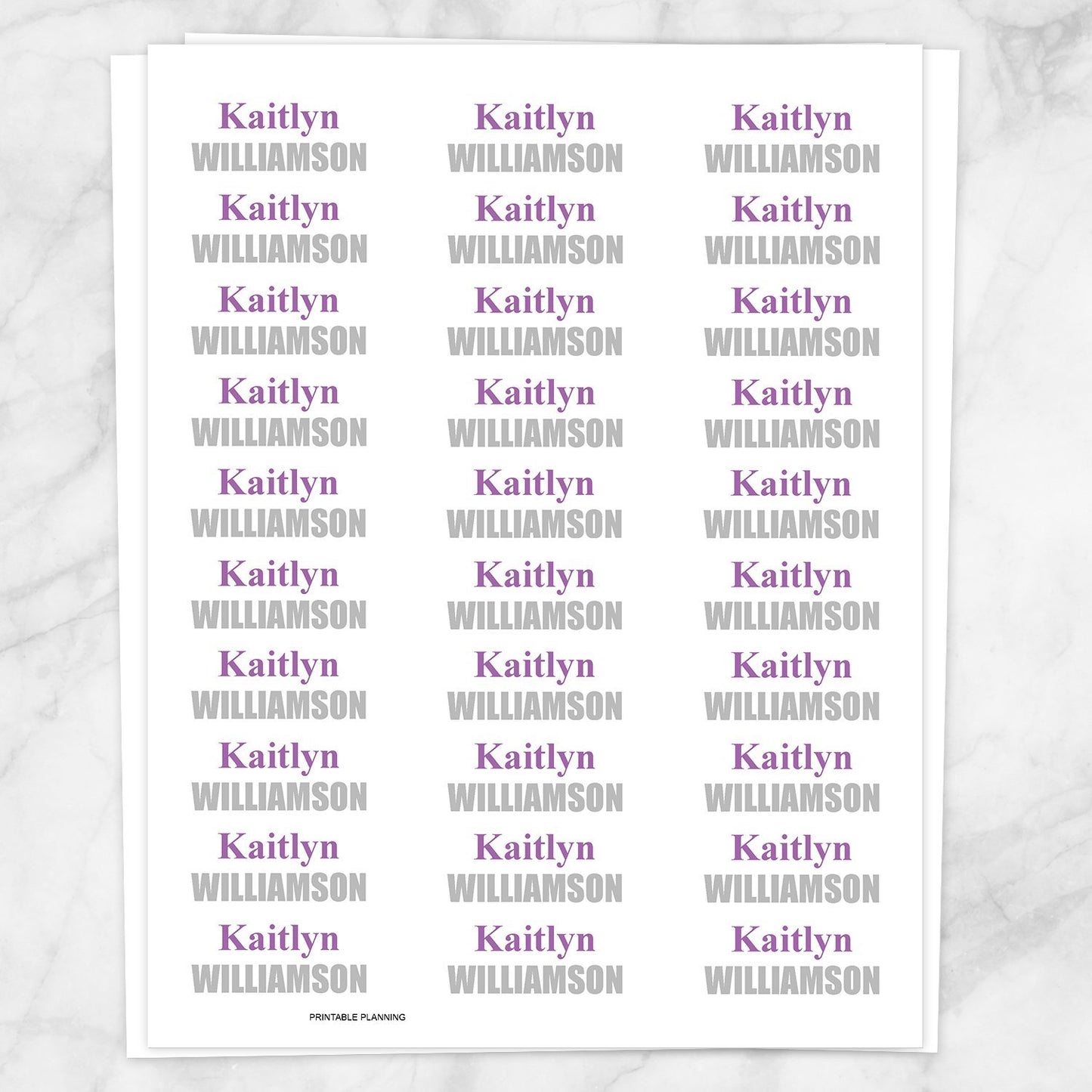Printable Name Labels in purple and gray for School Supplies on White at Printable Planning