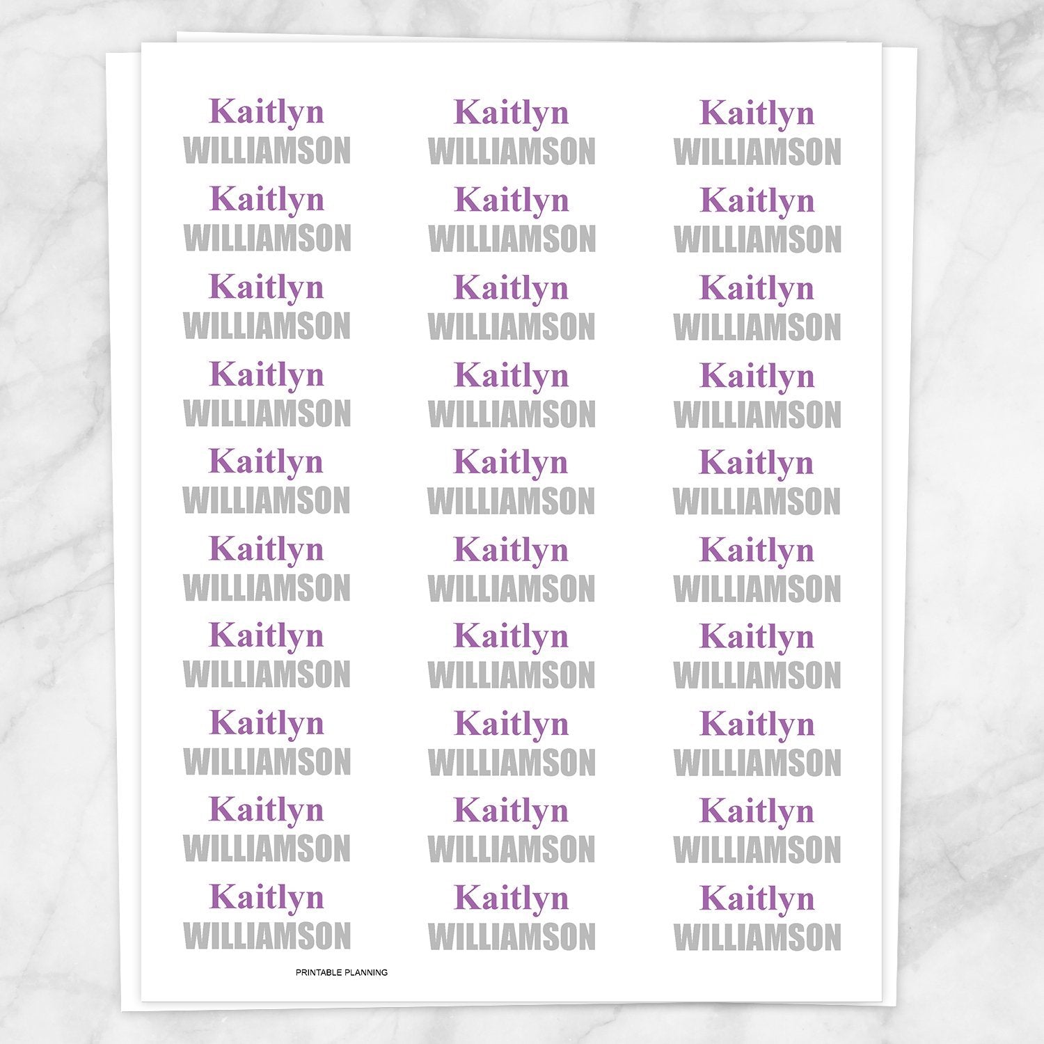 Printable Name Labels Purple and Gray for School Supplies at Printable Planning. Sheet of 30 labels.