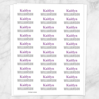 Printable Name Labels Purple and Gray for School Supplies at Printable Planning. Sheet of 30 labels.