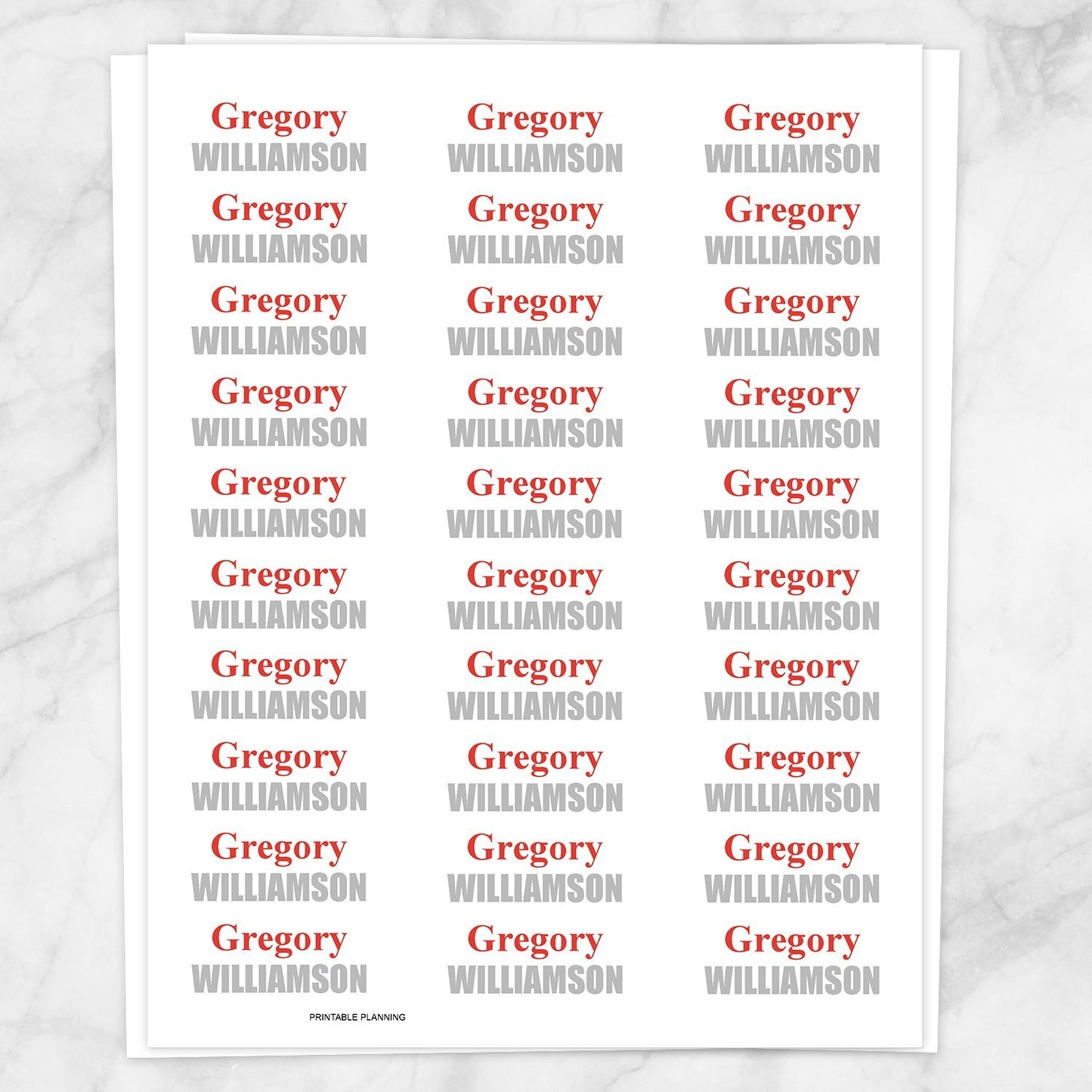 Printable Name Labels Red and Gray for School Supplies at Printable Planning. Sheet of 30 labels.