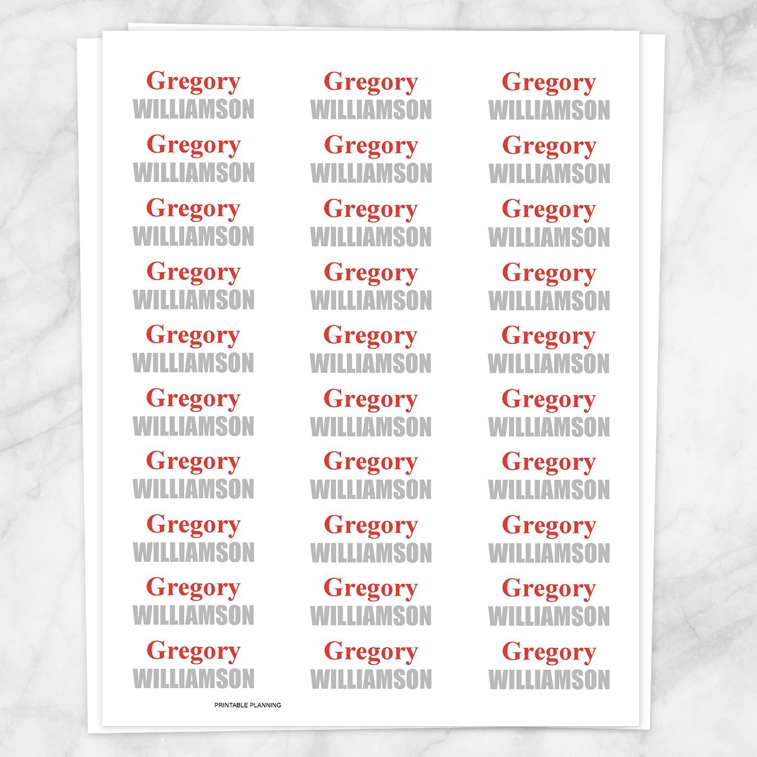 Printable Name Labels in red and gray for School Supplies on White at Printable Planning