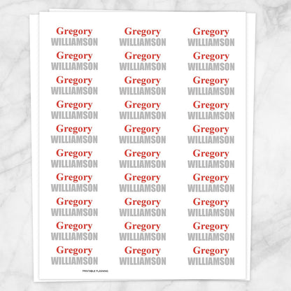 Printable Name Labels in red and gray for School Supplies on White at Printable Planning