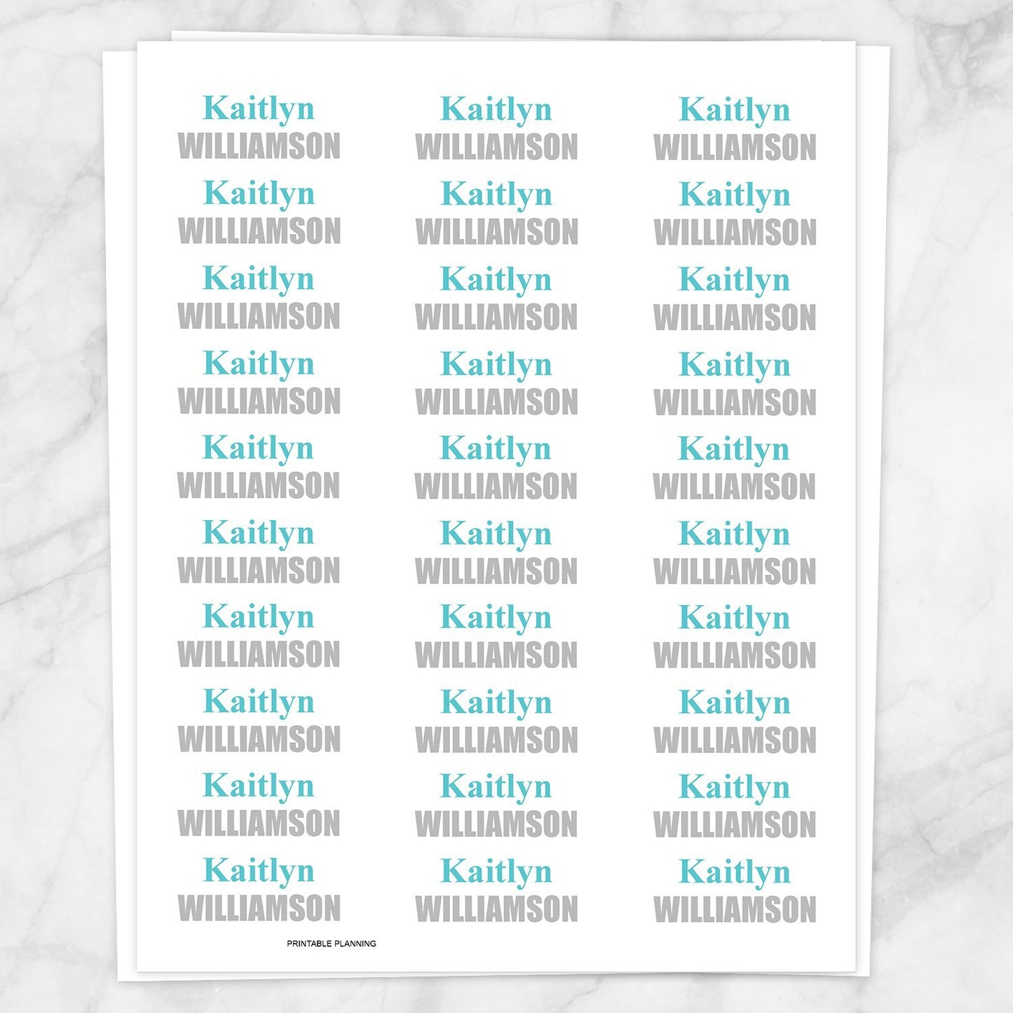 Printable Name Labels Turquoise and Gray for School Supplies at Printable Planning. Sheet of 30 labels.