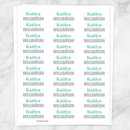 Printable Name Labels Turquoise and Gray for School Supplies at Printable Planning. Sheet of 30 labels.