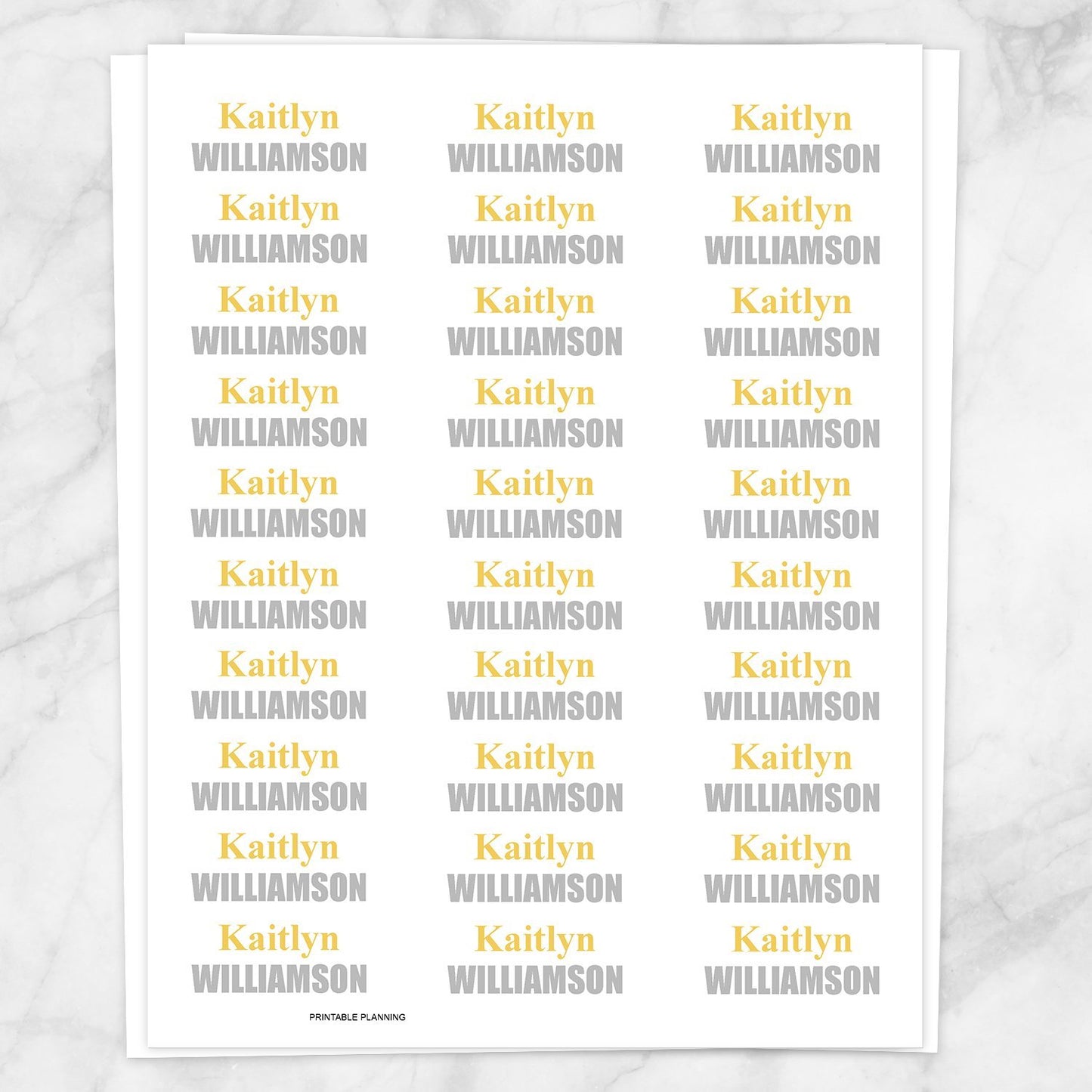 Printable Name Labels Yellow and Gray for School Supplies at Printable Planning. Sheet of 30 labels.