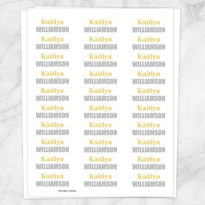 Printable Name Labels Yellow and Gray for School Supplies at Printable Planning. Sheet of 30 labels.