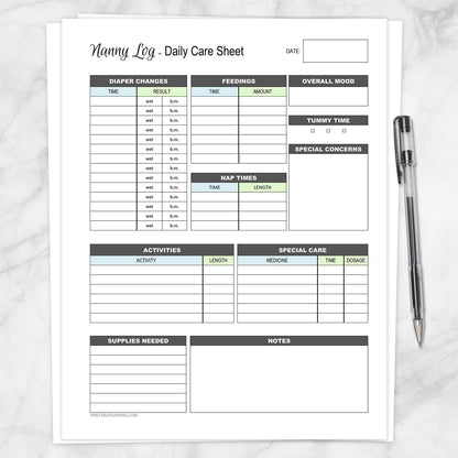 Nanny Log Daily Infant Care Sheet - Blue and Green Printable PDF shown on a marble surface with a pen.