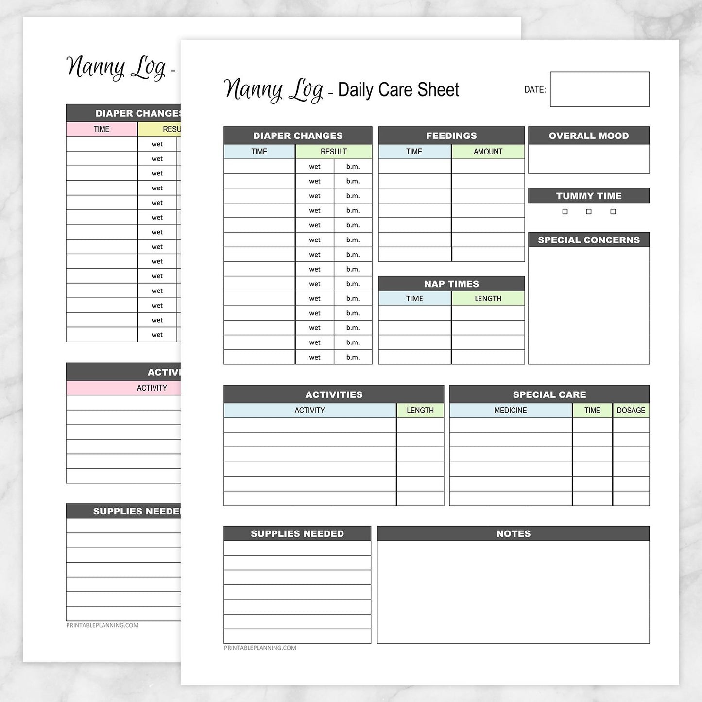 Nanny Log - Daily Infant Care Sheet - 2 page BUNDLE - Printable, at Printable Planning
