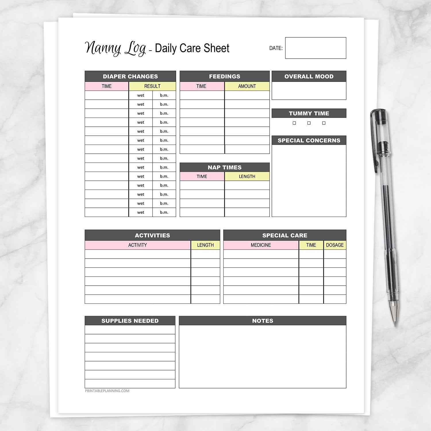 Printable Nanny Log - Daily Infant Care Sheet - Pink and Yellow, at Printable Planning