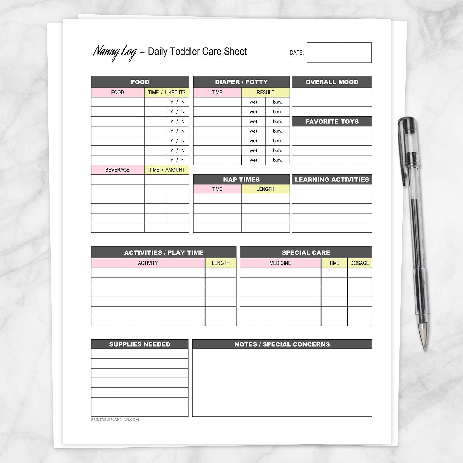Printable Nanny Log - Daily Toddler Care Sheet - Pink and Yellow at Printable Planning