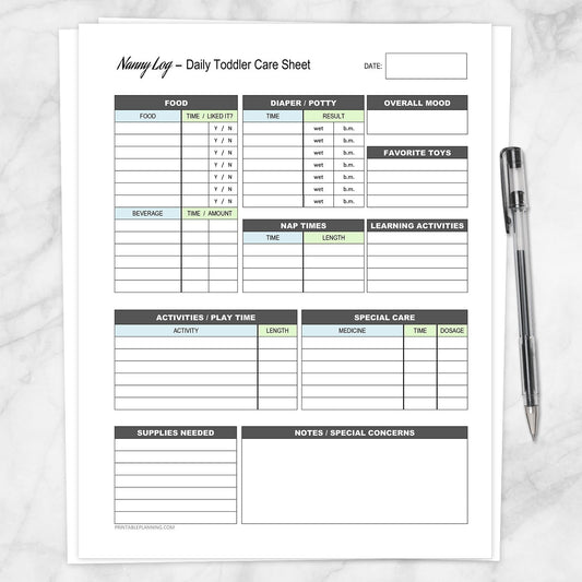 Printable Nanny Log - Daily Toddler Care Sheet - Blue and Green at Printable Planning