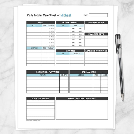 Printable Personalized Nanny Log - Daily Toddler Care Sheet in Blue at Printable Planning