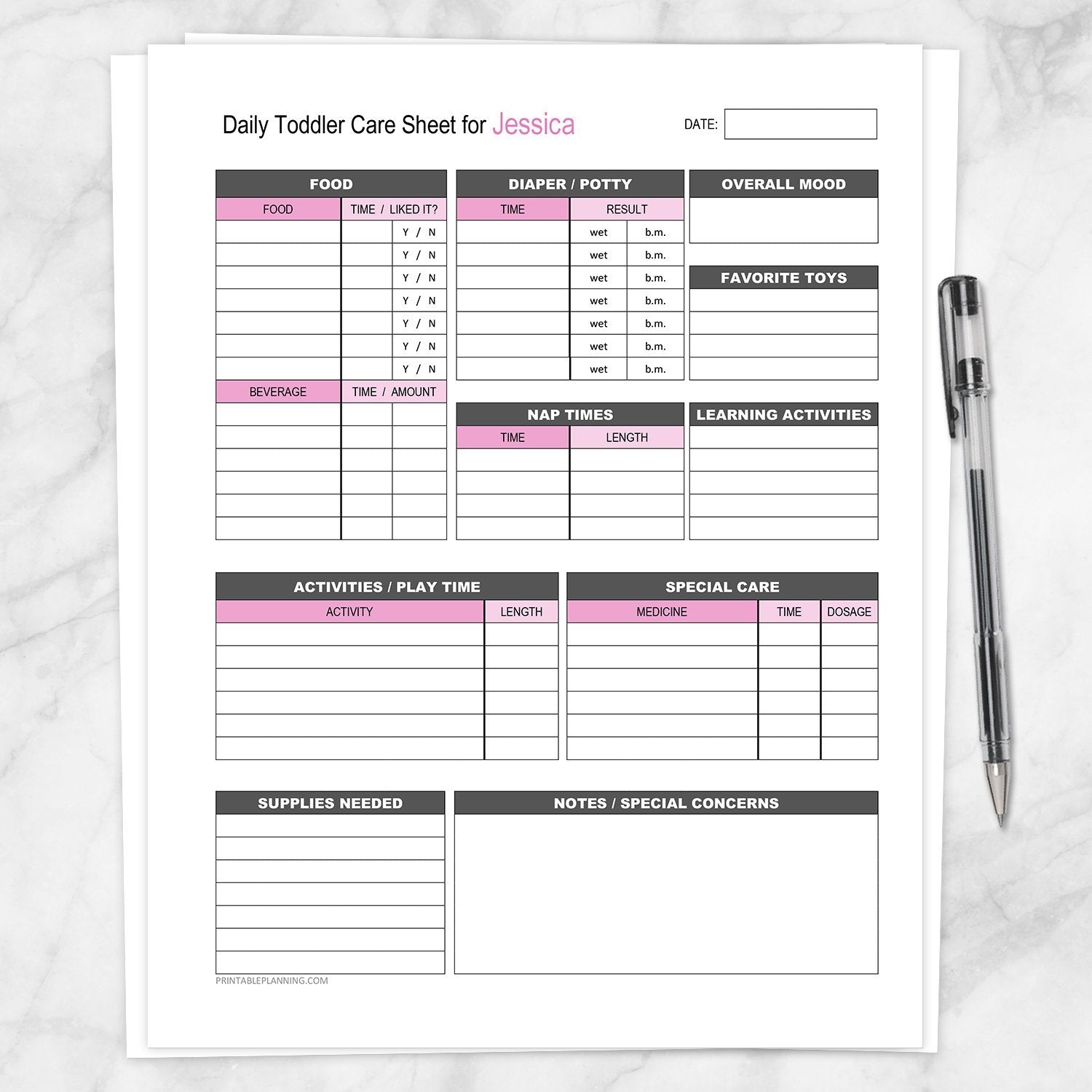 Printable Personalized Nanny Log - Daily Toddler Care Sheet in Pink at Printable Planning