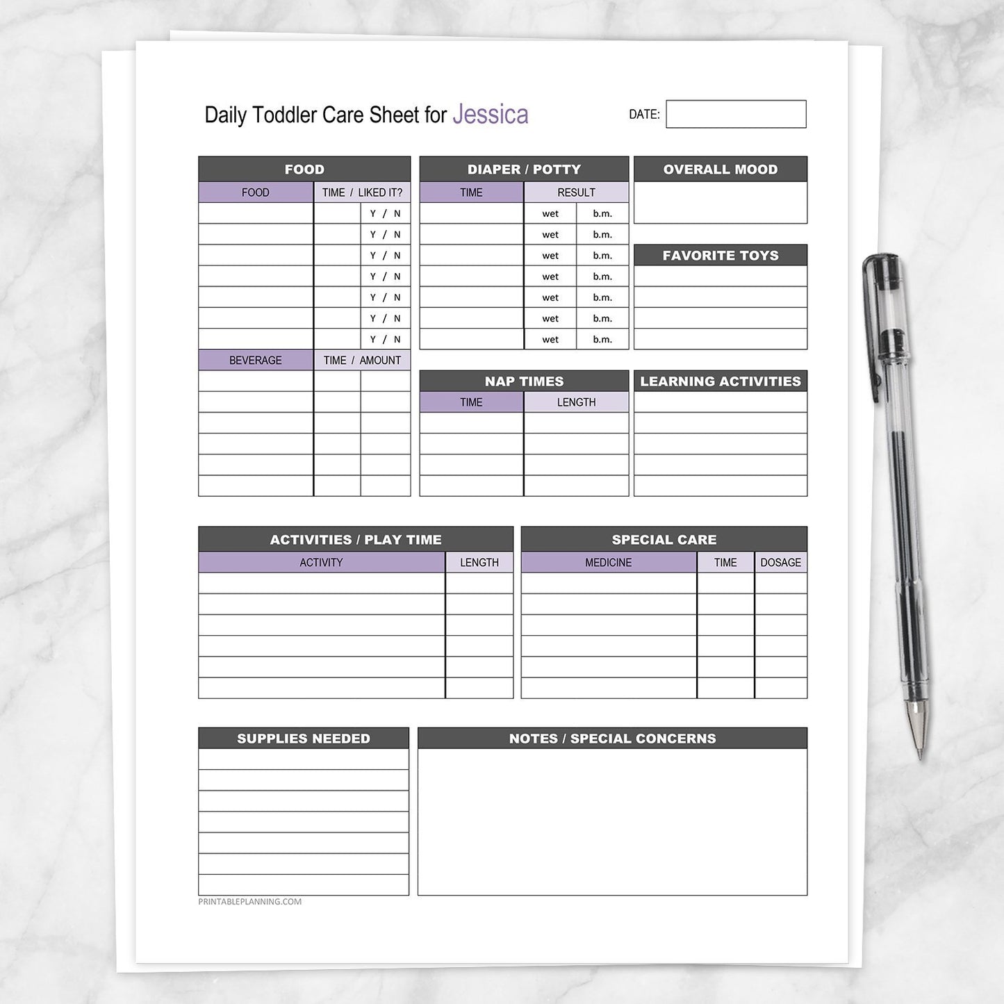 Printable Personalized Nanny Log - Daily Toddler Care Sheet in Purple at Printable Planning