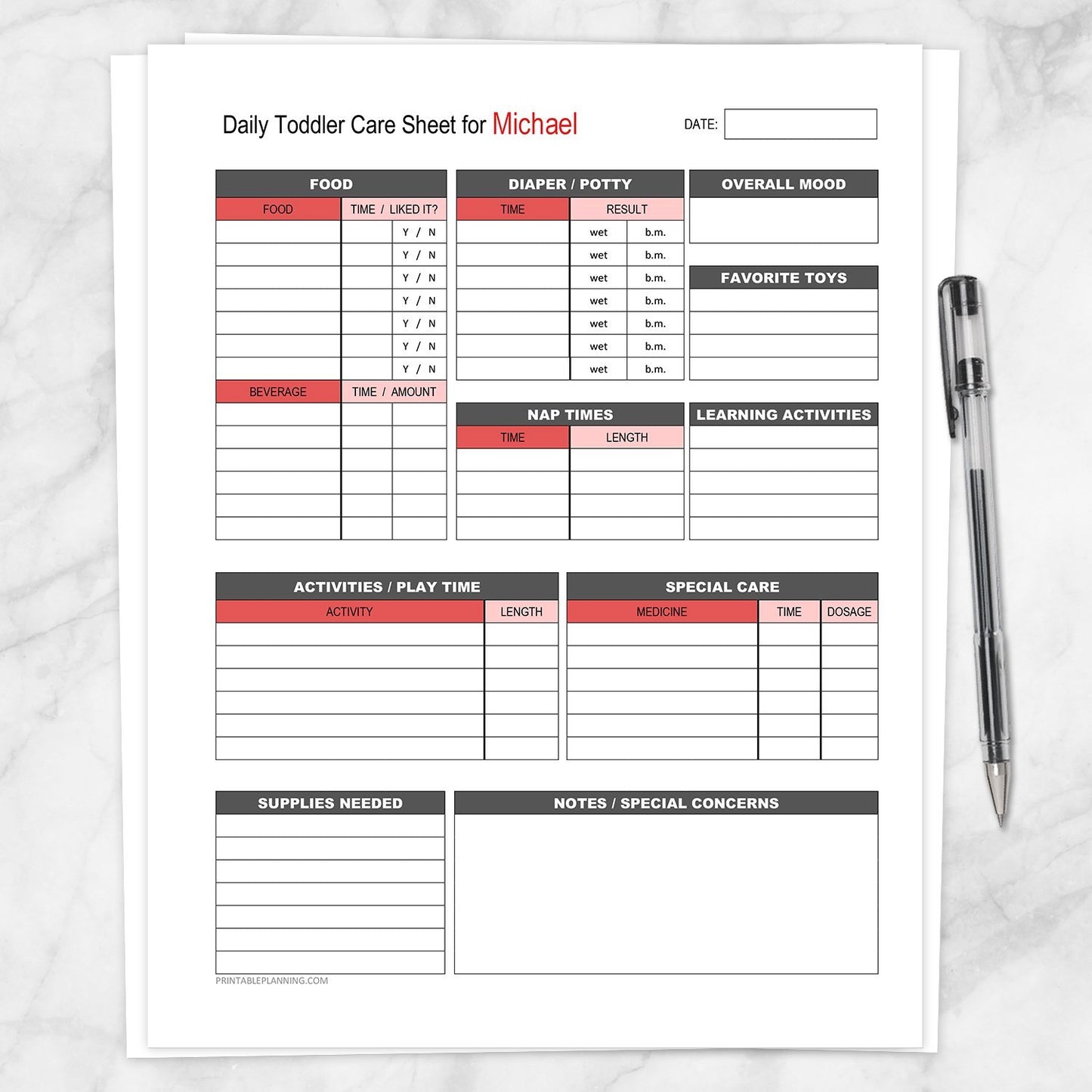 Printable Personalized Nanny Log - Daily Toddler Care Sheet in Red at Printable Planning