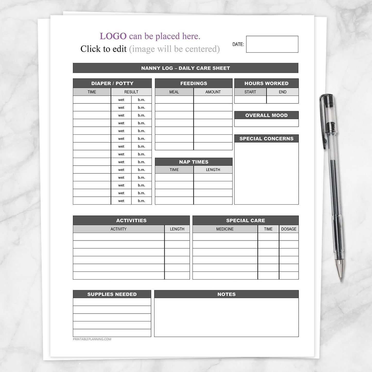 Printable Nanny Log with Your Logo - Daily Infant and Child Care Sheet at Printable Planning