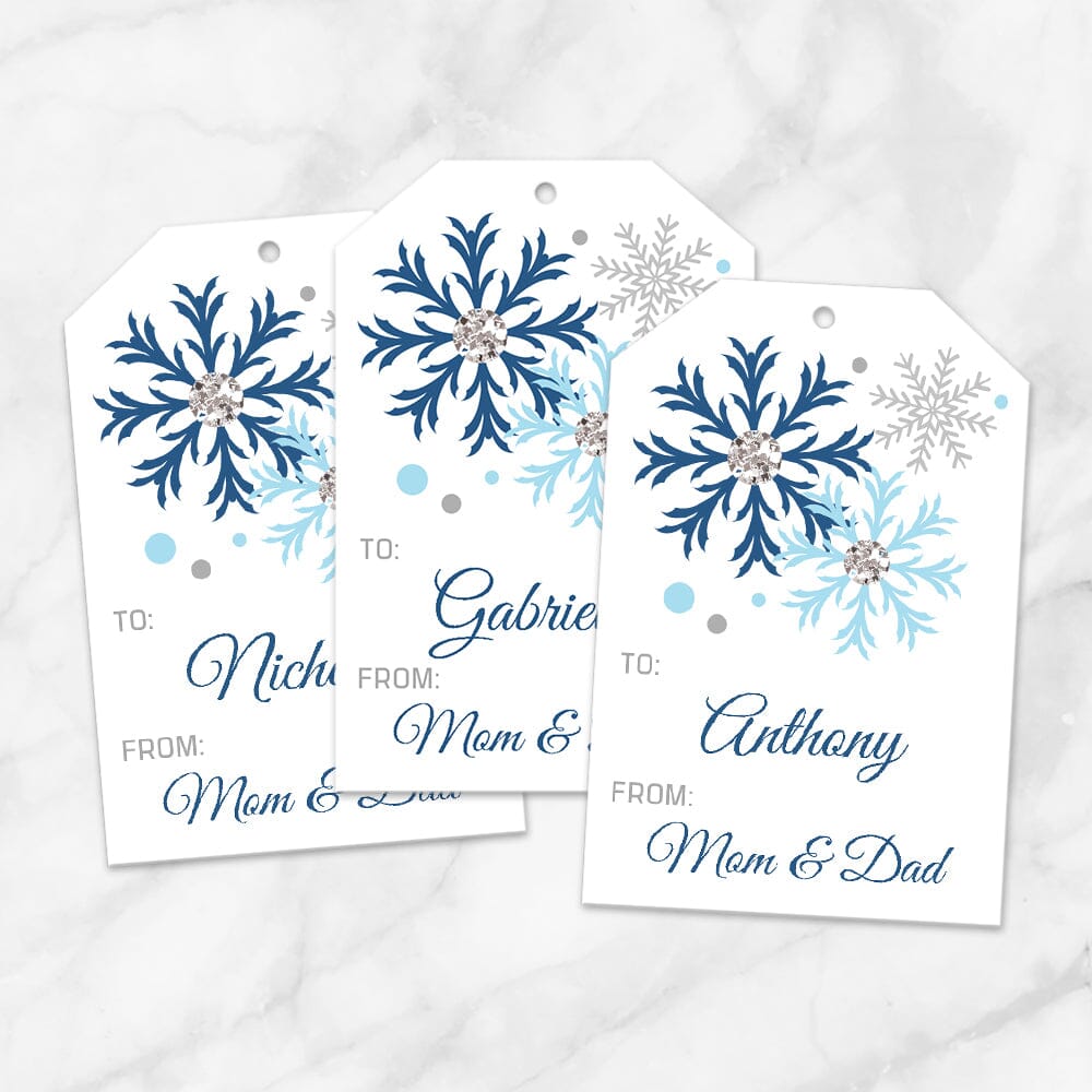 Printable Snowflake Personalized Gift Tags in Blue at Printable Planning