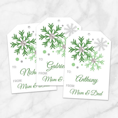 Printable Snowflake Personalized Gift Tags in Green at Printable Planning