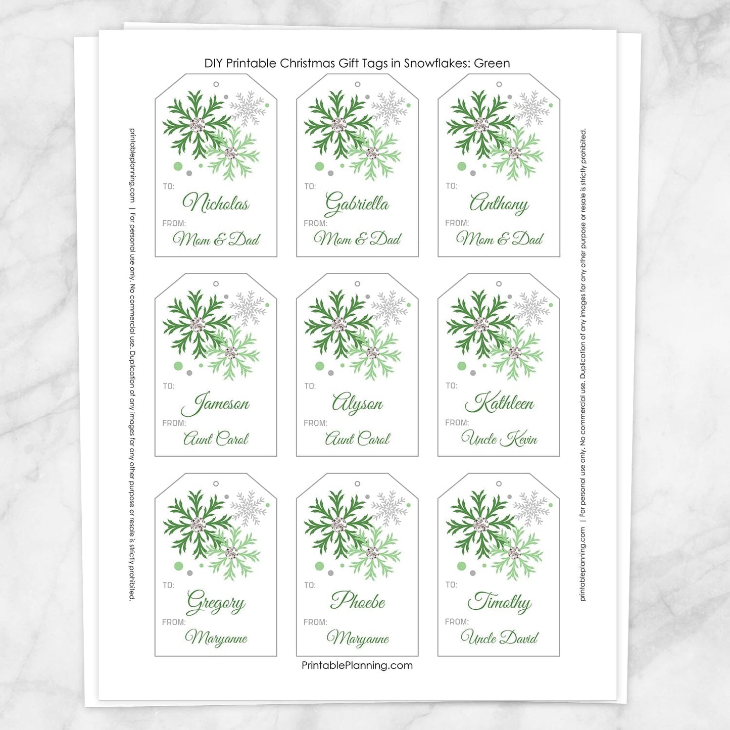 Printable Snowflake Personalized Gift Tags in Green at Printable Planning
