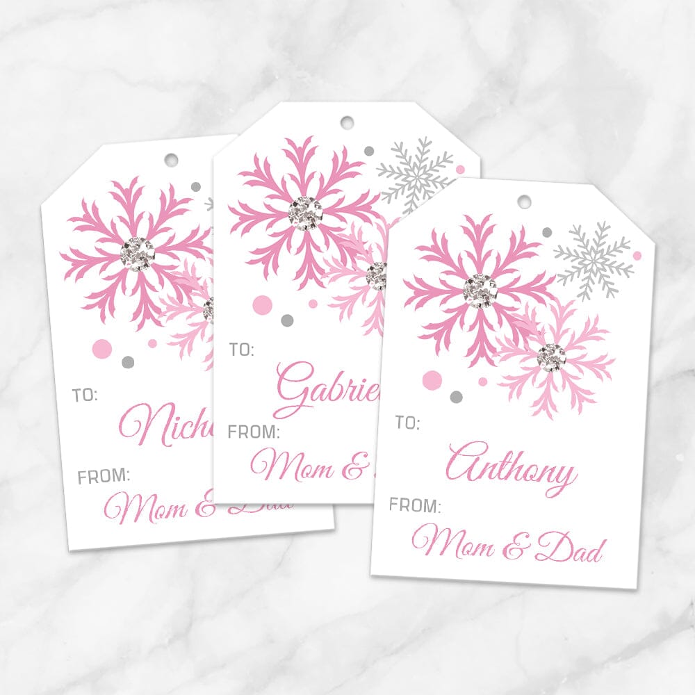 Printable Snowflake Personalized Gift Tags in Pink at Printable Planning