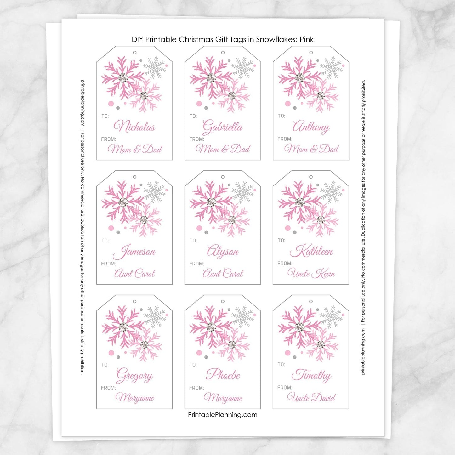 Printable Snowflake Personalized Gift Tags in Pink at Printable Planning