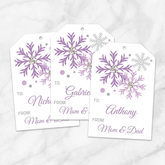 Printable Snowflake Personalized Gift Tags in Purple at Printable Planning