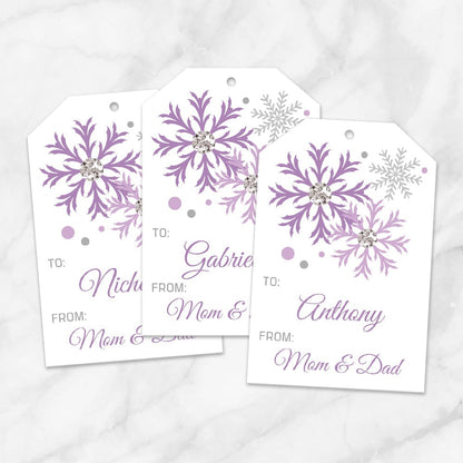 Printable Snowflake Personalized Gift Tags in Purple at Printable Planning