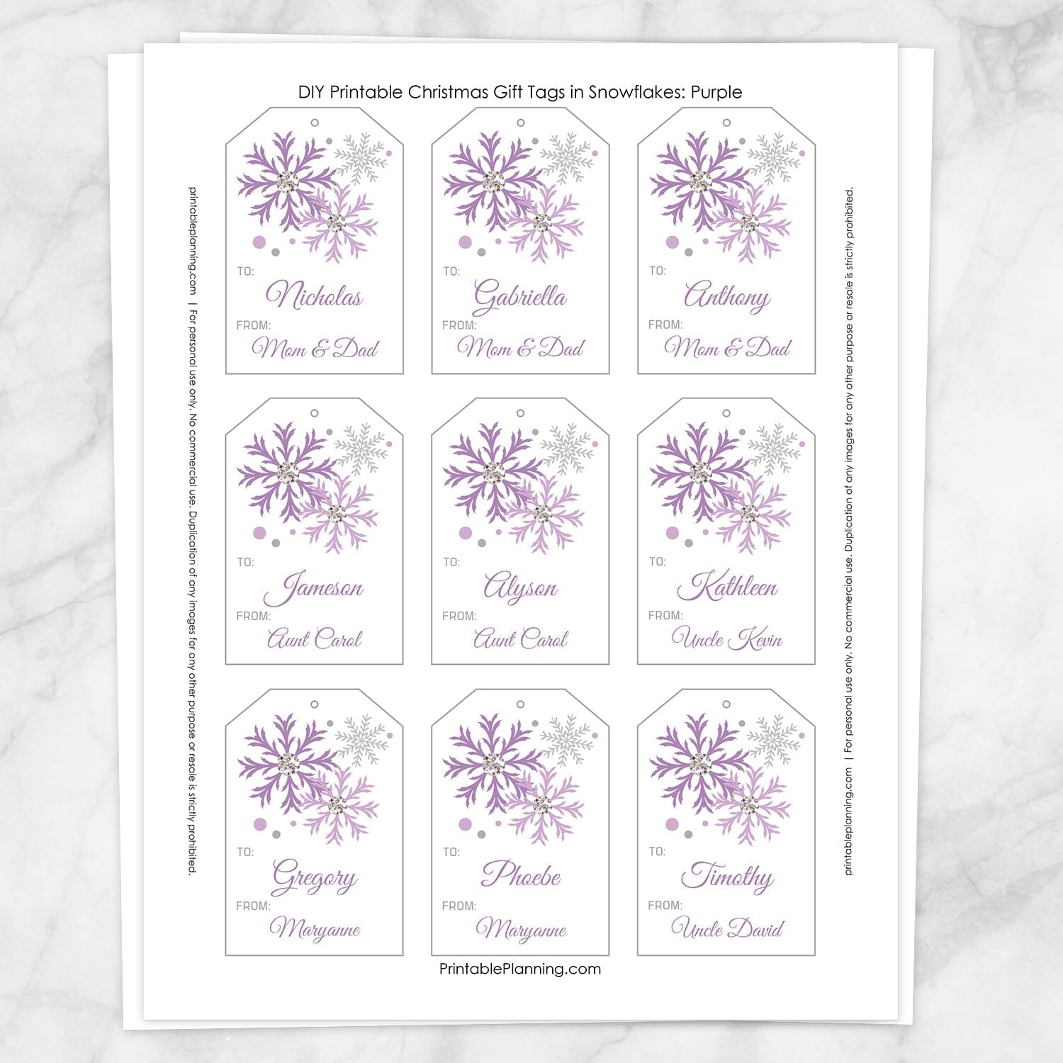 Printable Snowflake Personalized Gift Tags in Purple at Printable Planning