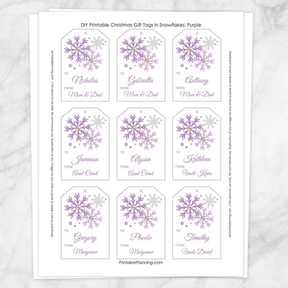 Printable Snowflake Personalized Gift Tags in Purple at Printable Planning