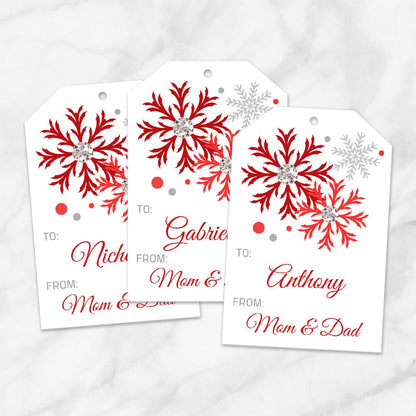Printable Snowflake Personalized Gift Tags in Red at Printable Planning