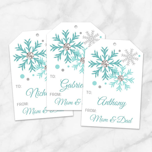 Printable Snowflake Personalized Gift Tags in Turquoise at Printable Planning