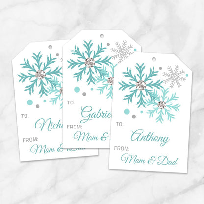 Printable Snowflake Personalized Gift Tags in Turquoise at Printable Planning