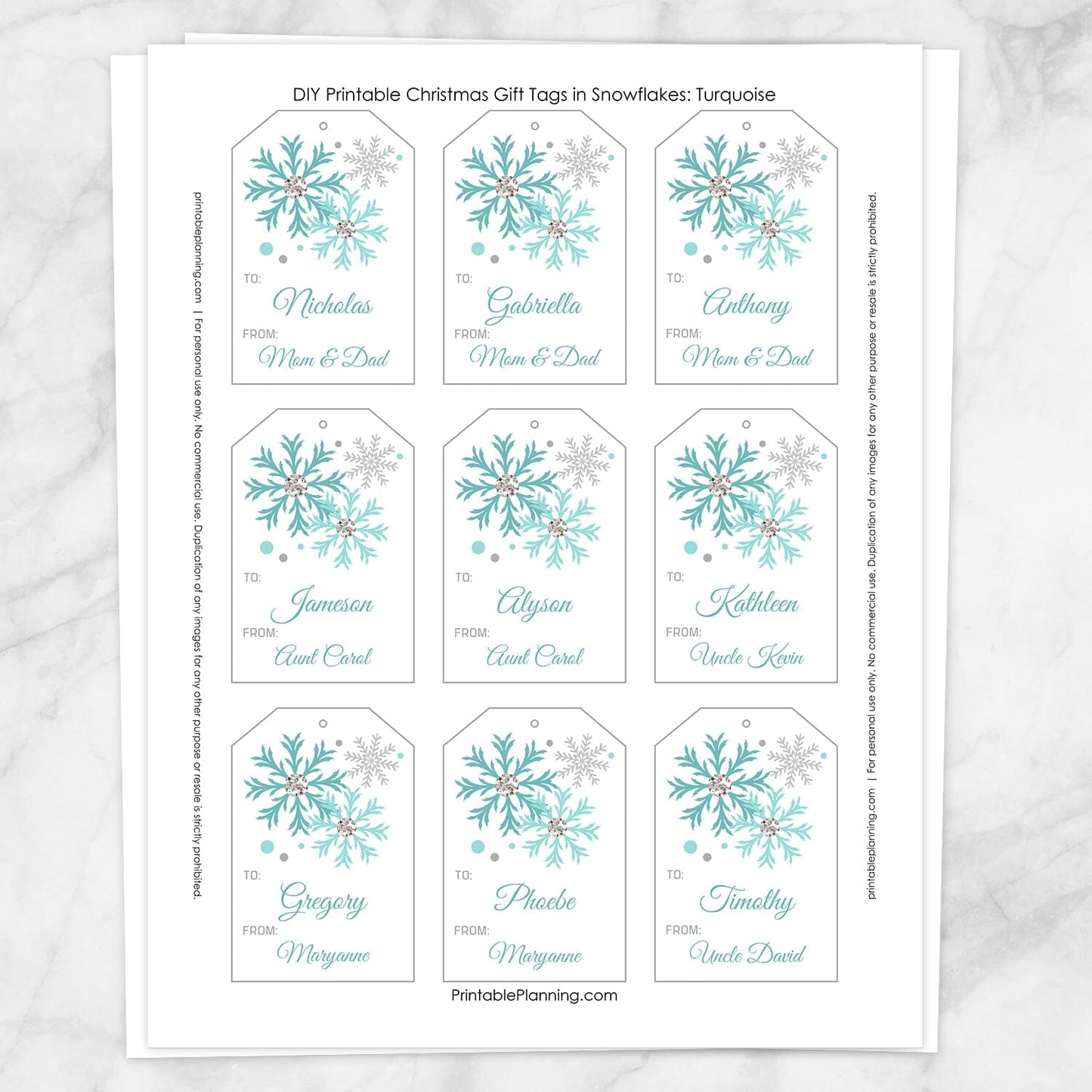 Printable Snowflake Personalized Gift Tags in Turquoise at Printable Planning