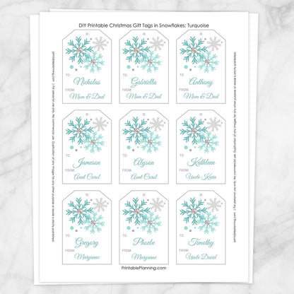 Printable Snowflake Personalized Gift Tags in Turquoise at Printable Planning