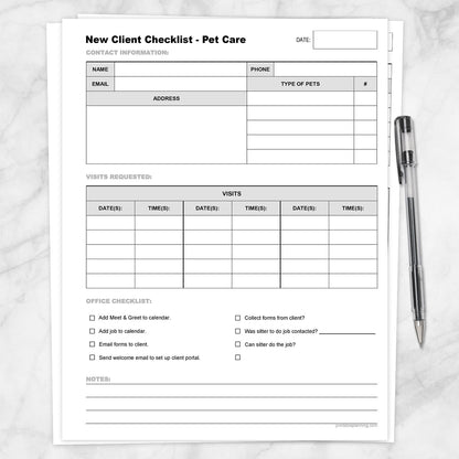 Printable Pet Care - New Client Checklist, Visits List at Printable Planning